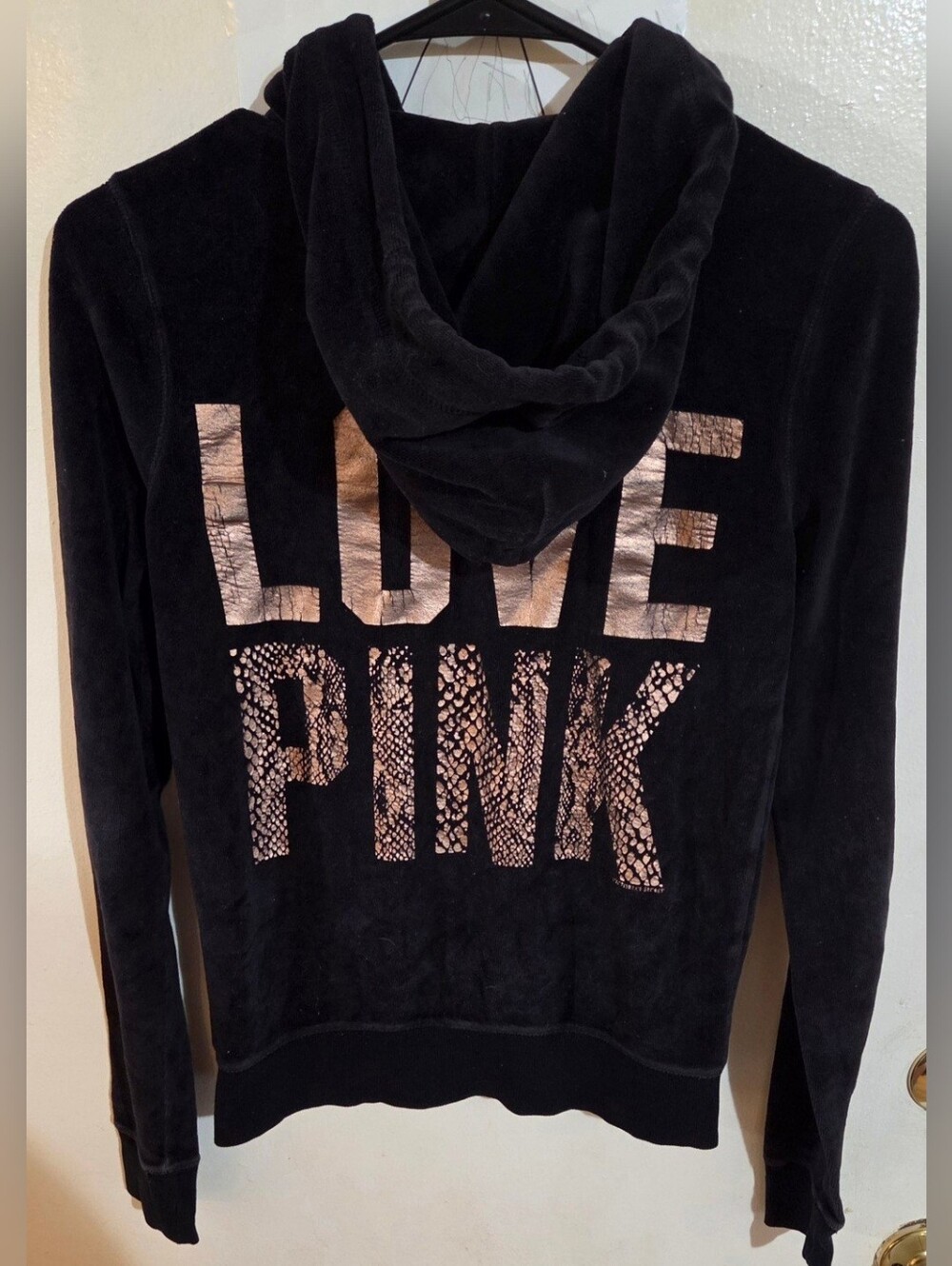 Victoria's Secret Pink Y2k 12' Black Velour/Rose Gold Full Zip Sweatshirt XS